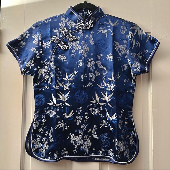 Other - Navy Blue Silk Front Button Floral Print Chinese Short Sleeve Mandarin Collar